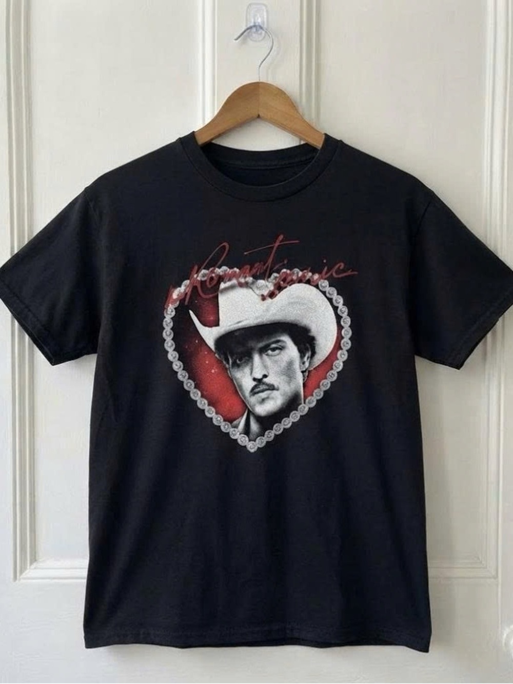 Vintage Black Tee with Red Heart and Silver Portrait Frame of Bruno Mars